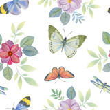 Seamless botanical pattern. Watercolor illustration of a butterfly and flowers. Ornament for print. Beautiful design for packaging. Dragonfly and butterflies fly