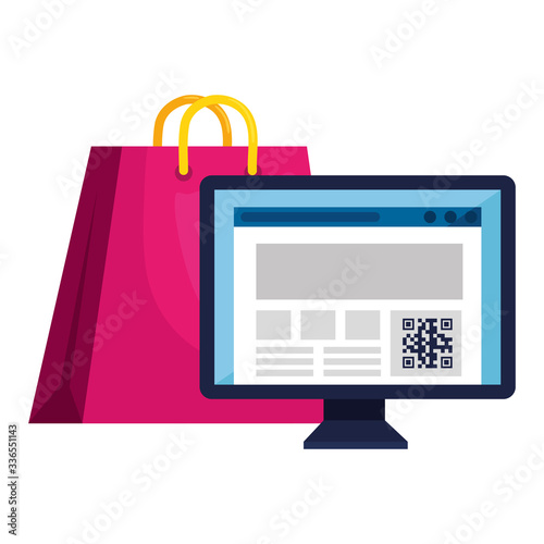qr code inside computer and bag design of technology scan information business price communication barcode digital and data theme Vector illustration