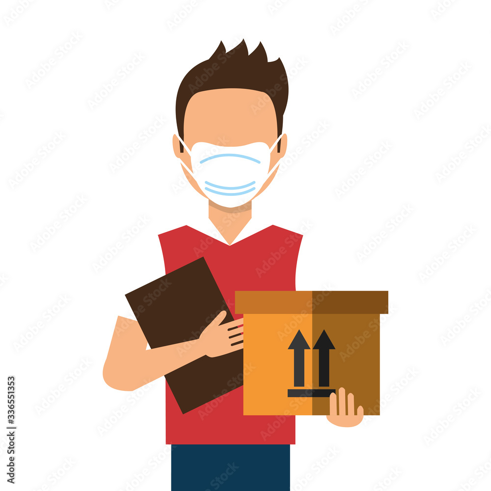 delivery worker using face mask with box carton and clipboard vector illustration design delivery worker using face mask with box carton and clipboard vector illustration design