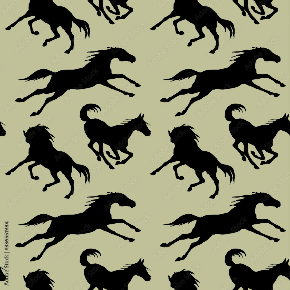 black silhouettes of sports horses  isolated on a colored background, pattern for decoration, Equestrian sports