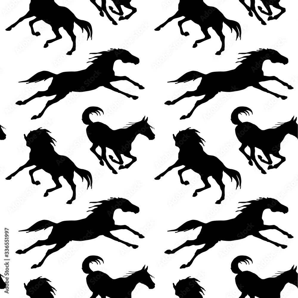 Naklejka premium black silhouettes of sports horses isolated on a white background, pattern for decoration, Equestrian sports
