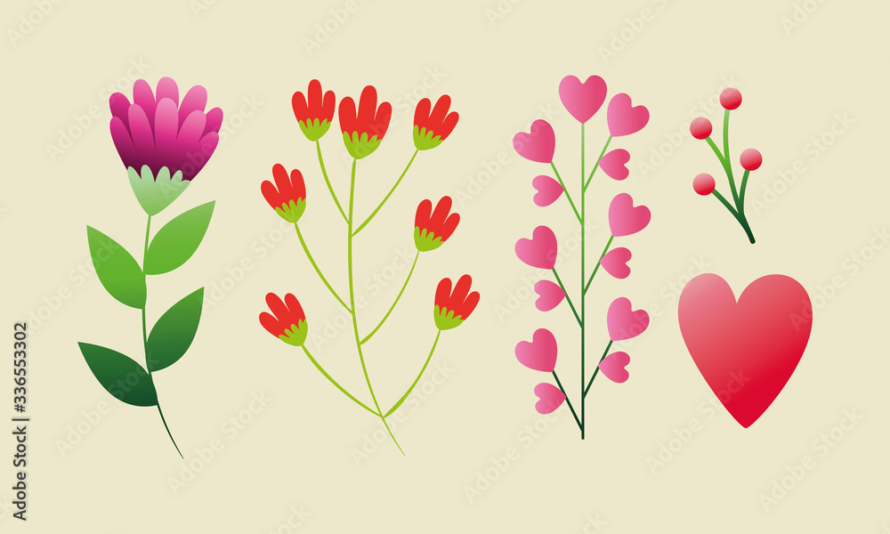 set of cute flowers with branches and leafs vector illustration design