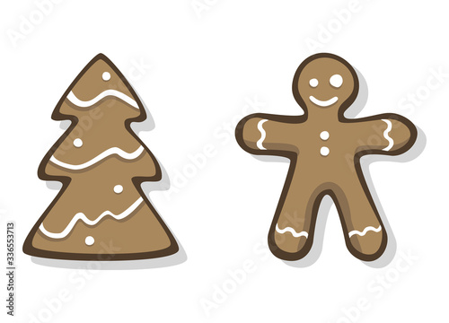 Cute vector gingerbread cookies (spruce tree and smiling gingerbread man) with icing. Drawn in a cute children friendly style with flat colors and simple lines. Isolated on white with shadows.