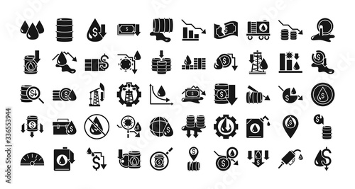 oil price crash crisis economy business financial icons set silhouette style icon