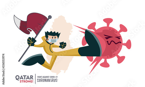 Person with biohazard suit holding national flag fighting coronavirus pandemic or coronavirus outbreake 2019 COVID-19. National map on background. Scalable and editable vector illustration.