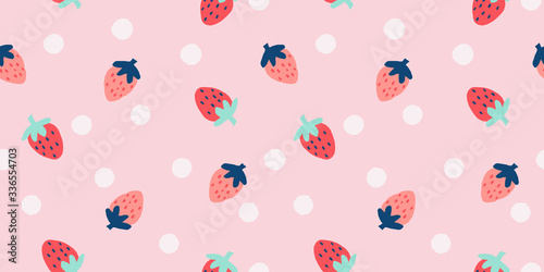 Seamless strawberry vector pattern with polka dots. Hand drawn fruit pink green blue art for wallpaper textile fabric designs. Cute vector illustrations in cartoon style.