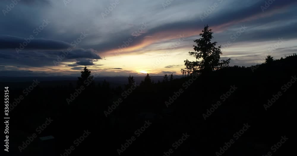 Drone flight between threes in mountain forest during peaceful sunset in the oyer valley.