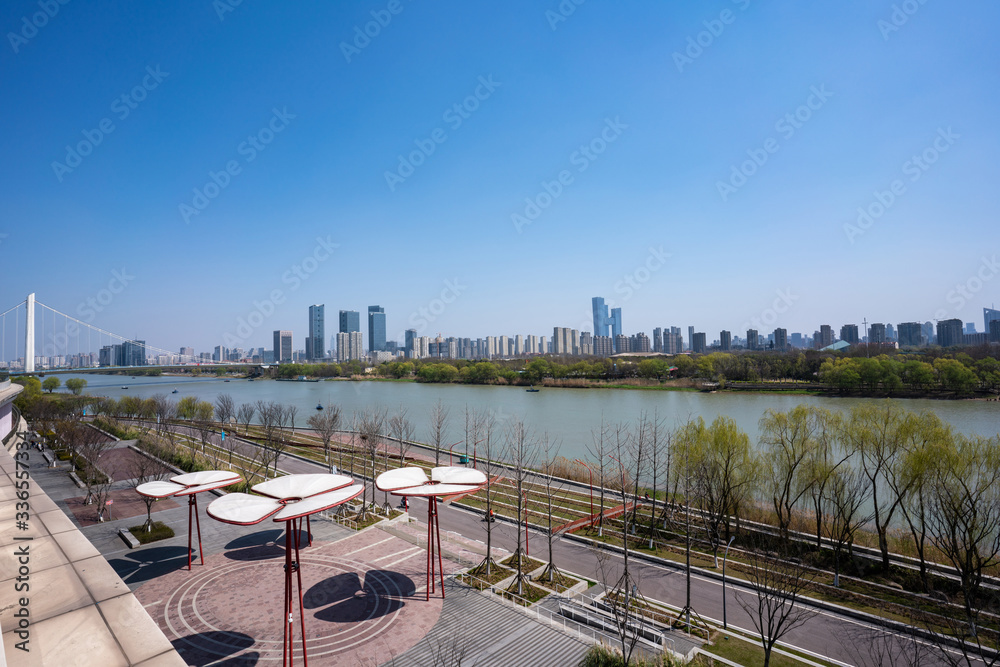 Skyline of Nanjing city in Hexi area by Yangtze river