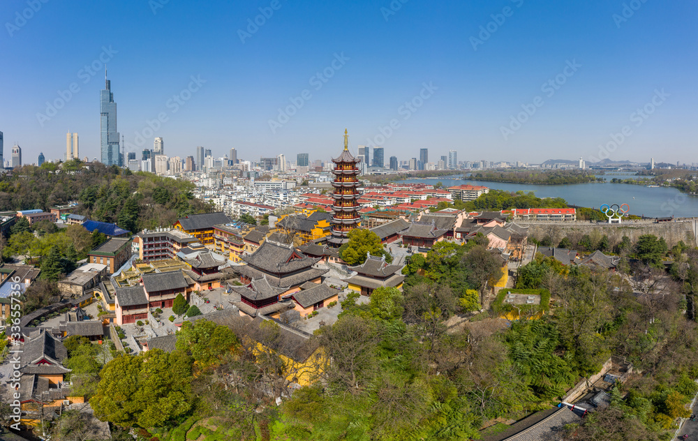 Jiming temple and skyline of urban Nanjing city