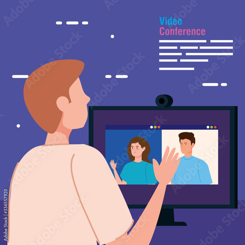 man in video conference from the computer vector illustration design