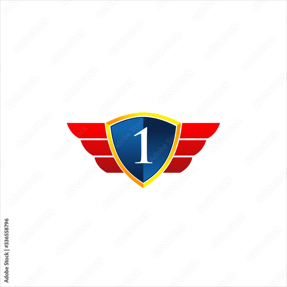 Vector Shield with wing and initial number one concept icon logo Vector Shield with wing and initial number one concept icon logo