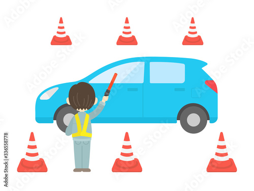 自動車の交通整理を行う男性のイラスト