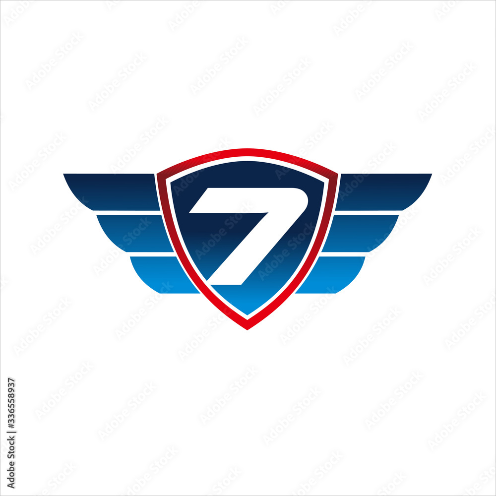Fototapeta premium Vector Shield with wing and initial number seven concept icon logo