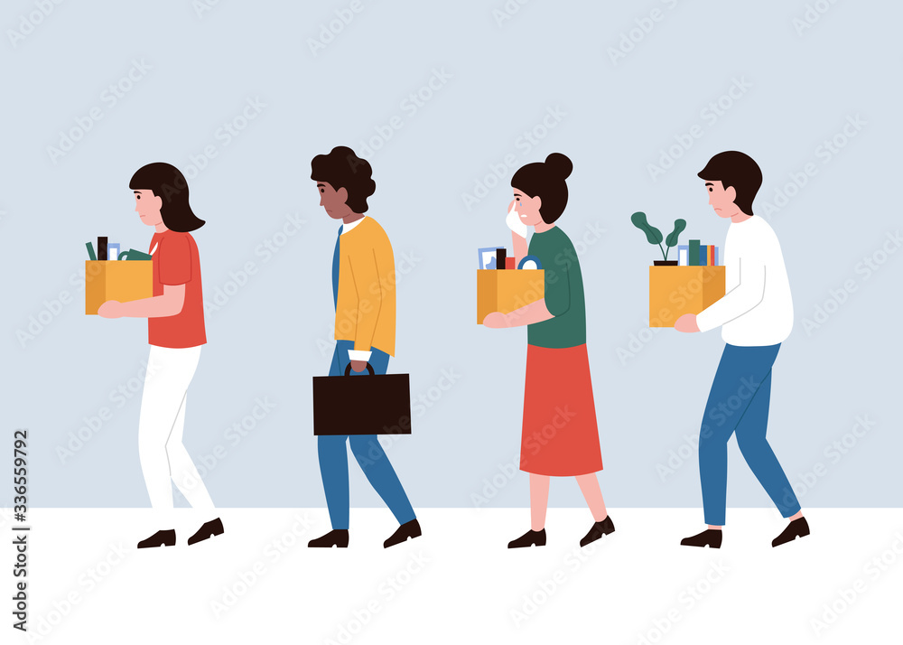 Sad people workers lose a job, employee work reduction, global financial and economic crisis. Influence coronavirus. Flat vector cartoon modern concept illustration.