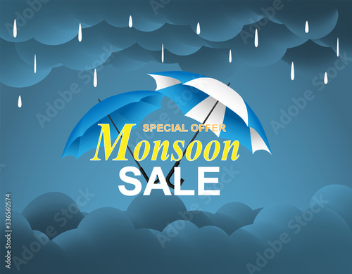 monsoon season sale. design with raining drops, umbrella and rain clouds on blue background. vector.