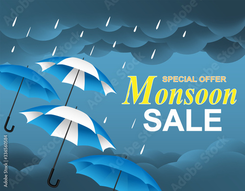 monsoon season sale. design with raining drops, umbrella and rain clouds on blue background. vector.