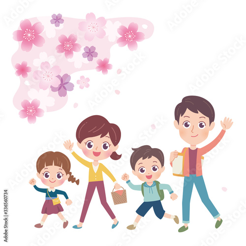 Illustration of a family of four enjoying watching the Japanese cherry tree