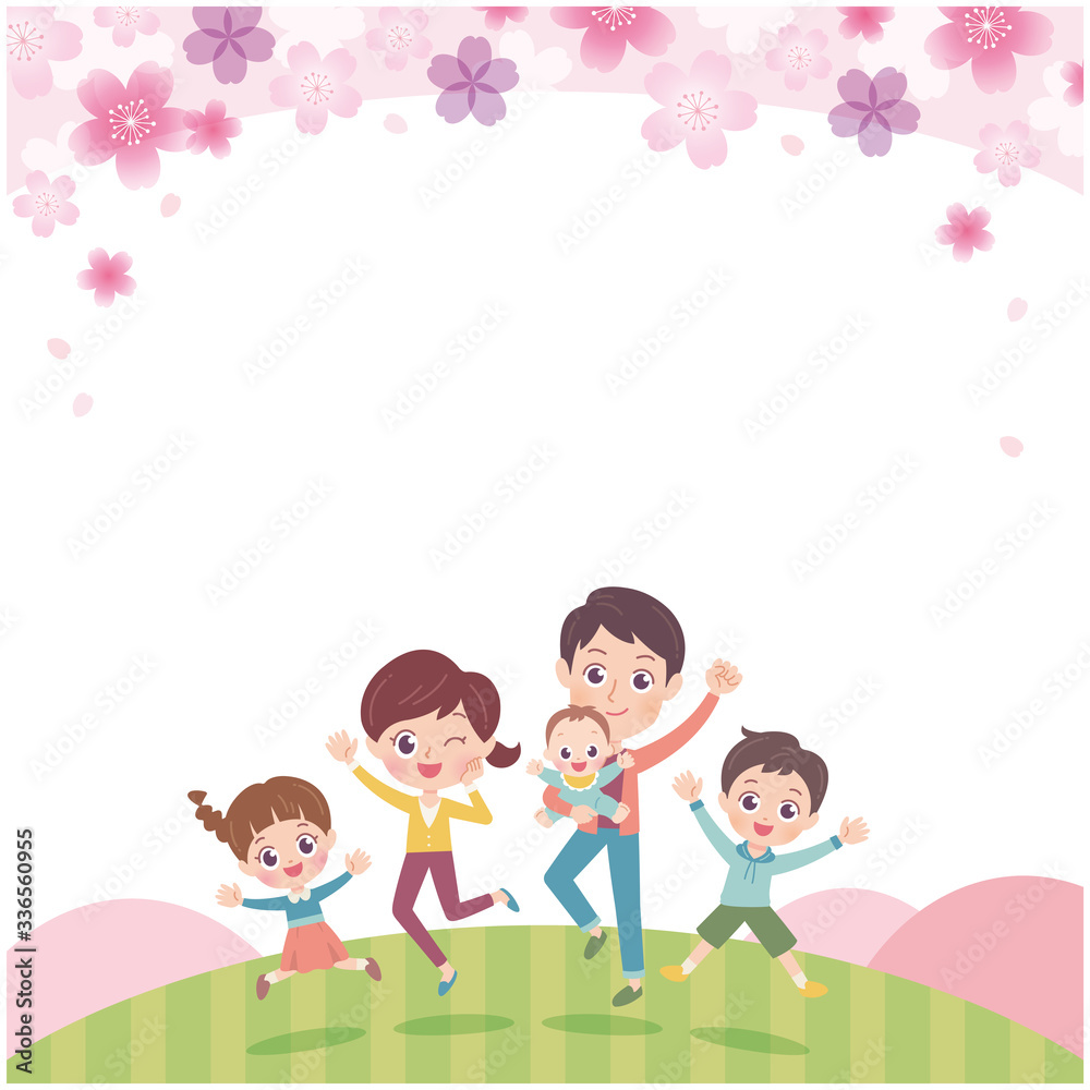 llustration of a family of five enjoying watching the Japanese cherry tree at the summit