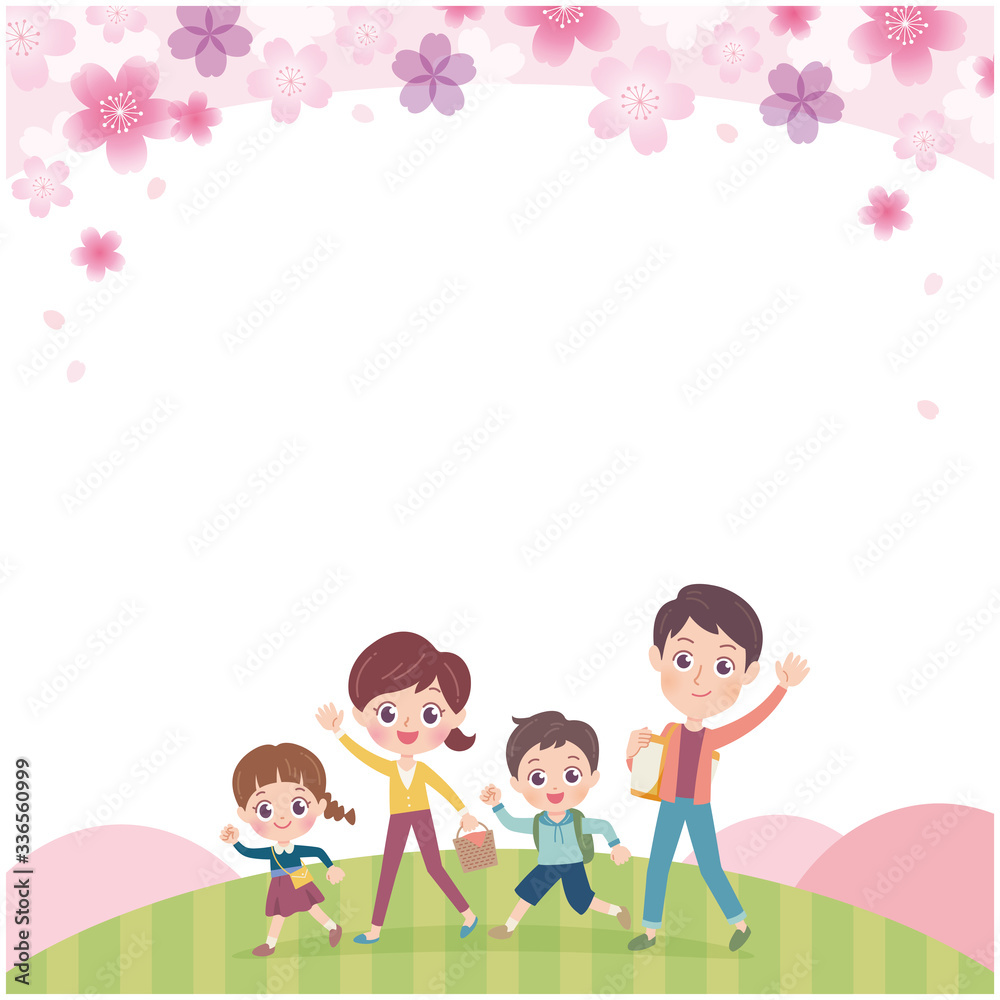 .Illustration of a family of four enjoying watching the Japanese cherry tree at the summit .Illustration of a family of four enjoying watching the Japanese cherry tree at the summit