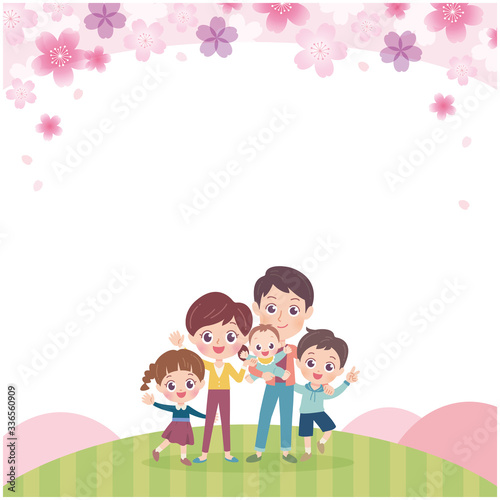 llustration of a family of five enjoying watching the Japanese cherry tree at the summit