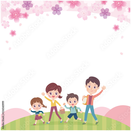 .Illustration of a family of four enjoying watching the Japanese cherry tree at the summit