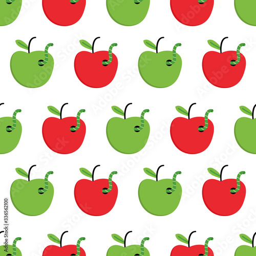 Fresh red and green apples with worm, cute vector cartoon seamless pattern background.