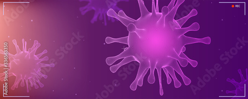 Close up view of virus cells research. HUD screen. UI of record. View of 3d bacteria under microscope. Pandemia of dangerous corona virus Covid 19. Vector banner for websites header