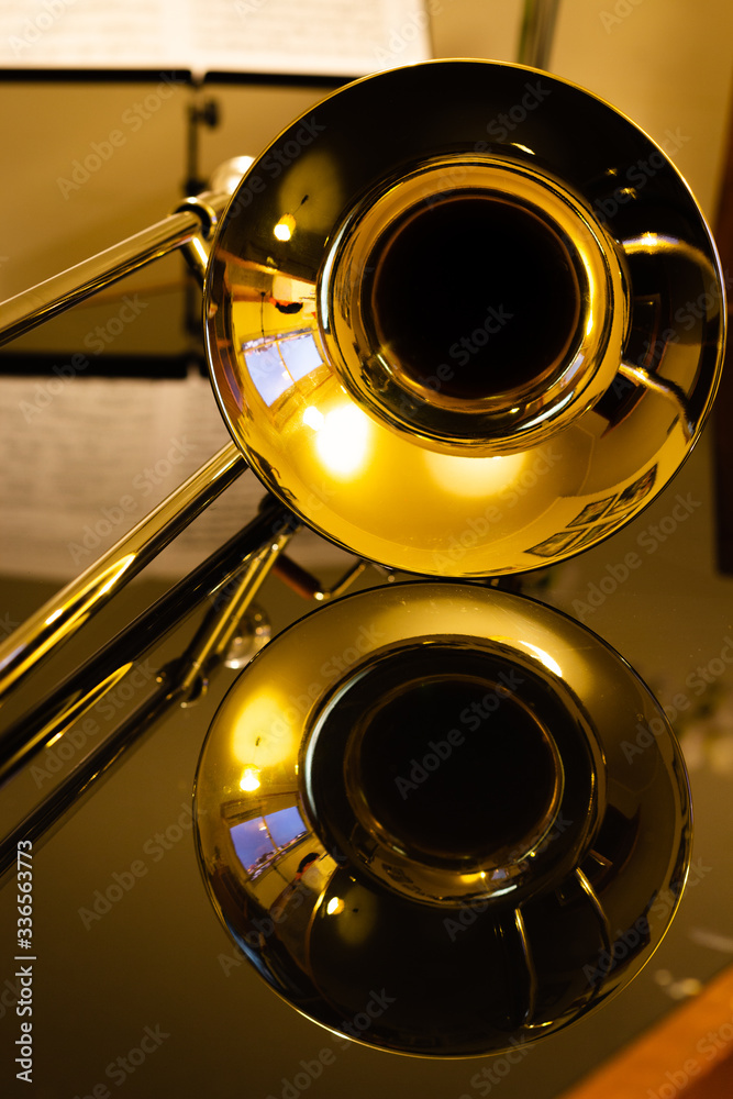 closeup of tenor trombone on the table