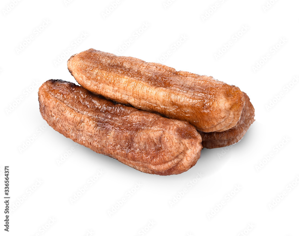 Sun-dried bananas on a white background. Dried bananas close-up. Sun-dried bananas on a white background. Dried bananas close-up.