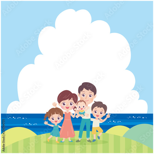 Illustration of a family of five having fun on the top of the sea