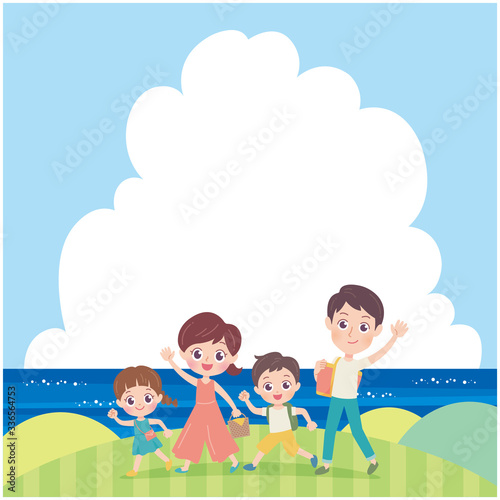 Illustration of a family of four having fun on the top of the sea