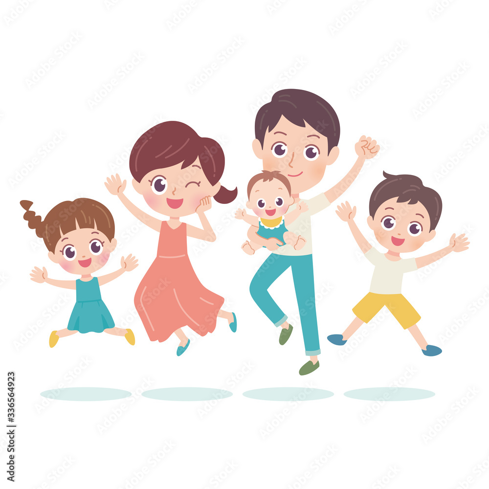Illustration of a family of five jumping happily Illustration of a family of five jumping happily