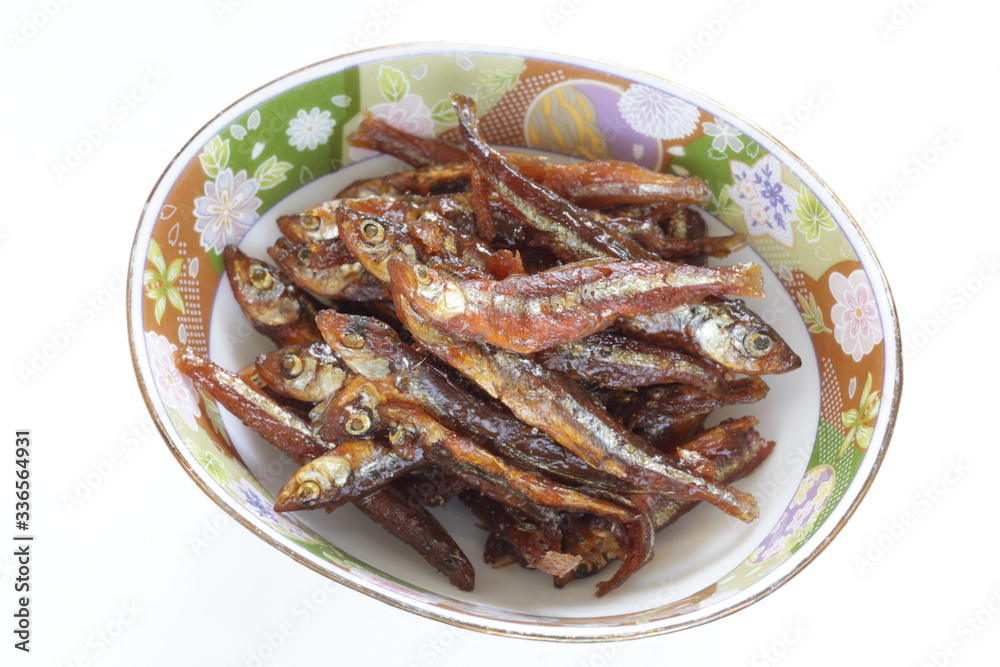 Japanese food, simmered sweet small fish for new year cuisine