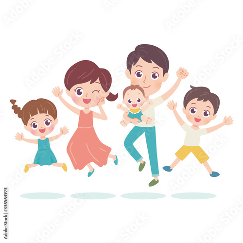 Illustration of a family of five jumping happily