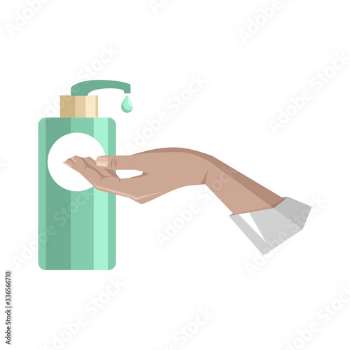 Hand hygiene, hand and liquid soap or antibacterial antiseptic gel. Isolated vector illustration in a flat style