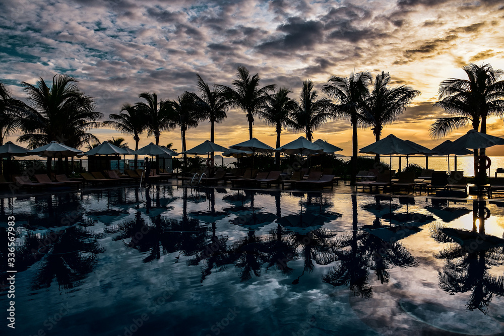 Reflection of palm trees and sky in swimming pool