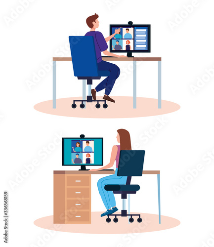 set scenes of people in video conference vector illustration design