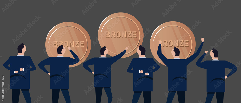 Obraz premium Employee businessman looking together at bronze coins concept of precious metal investment in business