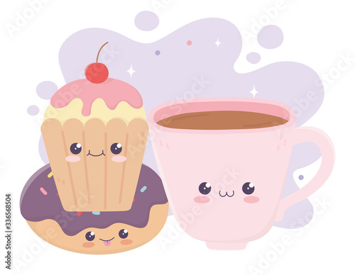 cute coffee cup donut and cupcake kawaii cartoon character