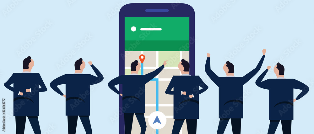 Wireless tracking direction in GPS maps where employee businessman looking together at the phone Wireless tracking direction in GPS maps where employee businessman looking together at the phone