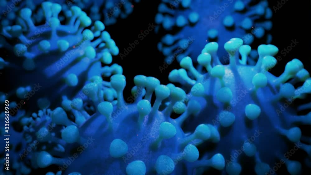 close-up coronavirus type covid-19, h1n1, bird flu or swine flu move smoothly in fluid 3d representation of virus as microbiological microscopic looped background. Blue white purple gradient color