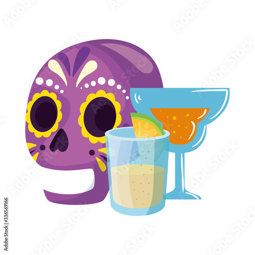Mexican skull cocktail and tequila shot design, Mexico culture tourism landmark latin and party theme Vector illustration