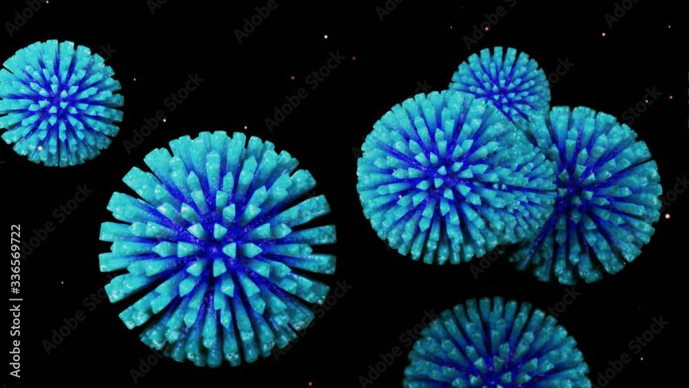 close-up coronavirus type covid-19, h1n1, bird flu or swine flu move smoothly in fluid 3d representation of virus as microbiological microscopic looped background. Blue white purple gradient color