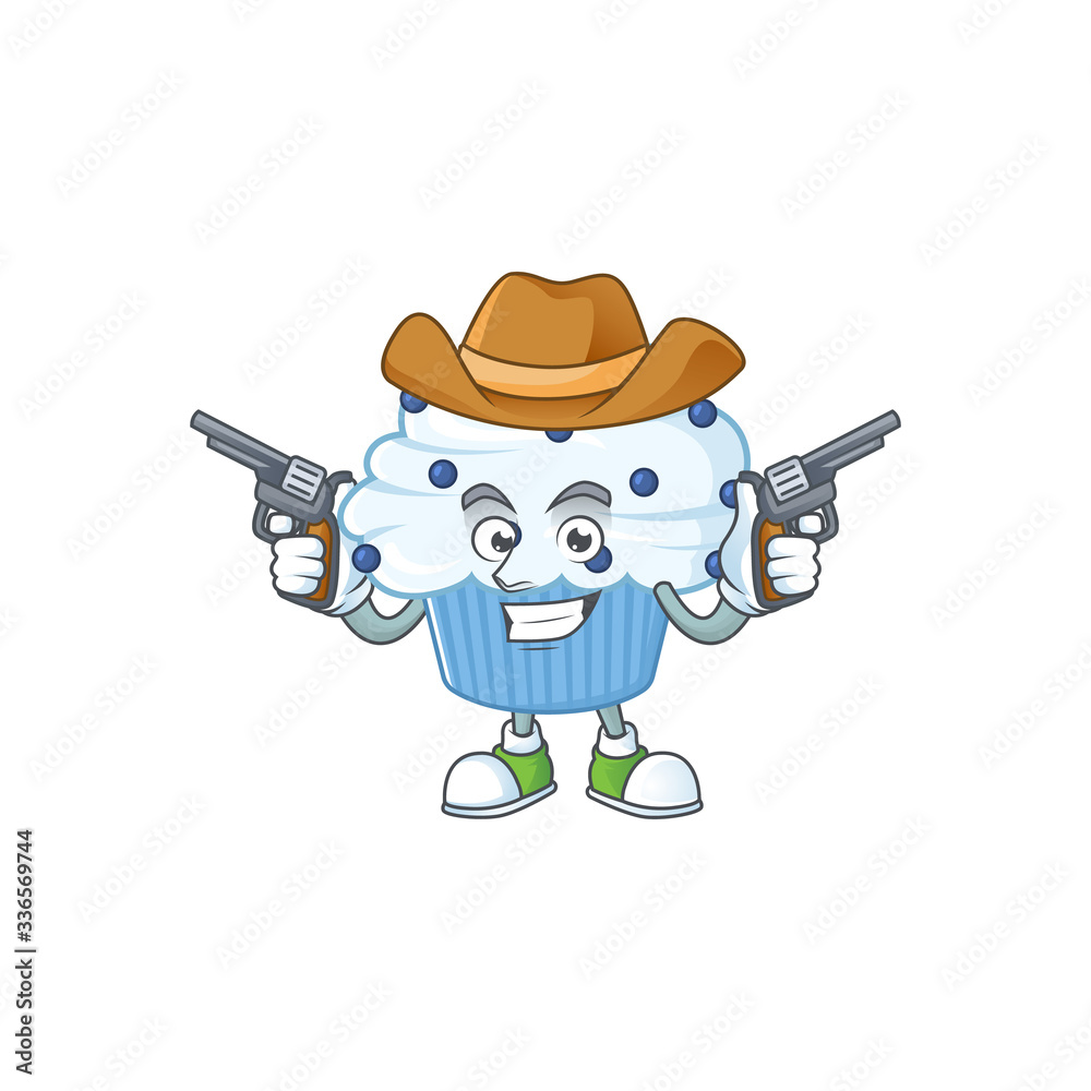 A cowboy cartoon character of vanilla blue cupcake holding guns