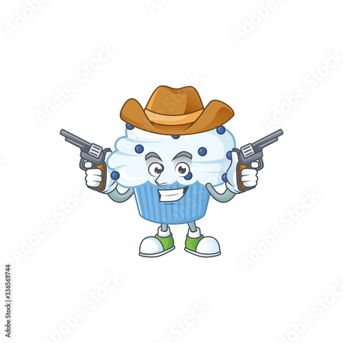 A cowboy cartoon character of vanilla blue cupcake holding guns