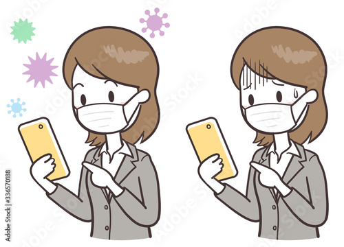 女性　スマートフォン　マスク