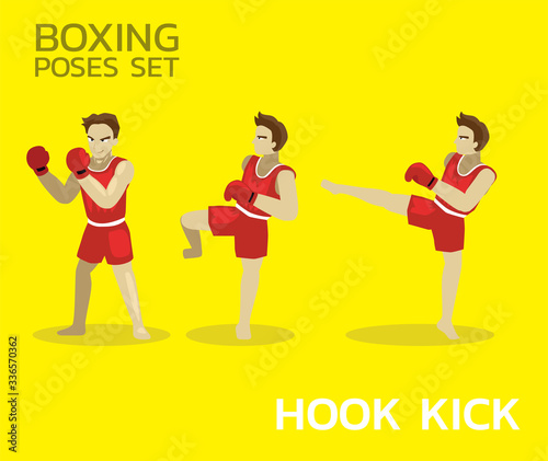 Hook Kick Manga Boxing Poses Set Man Cartoon Vector Illustration