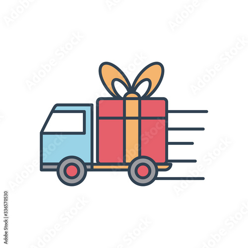 fast delivery concept, cargo truck with gift box icon, line and fill style