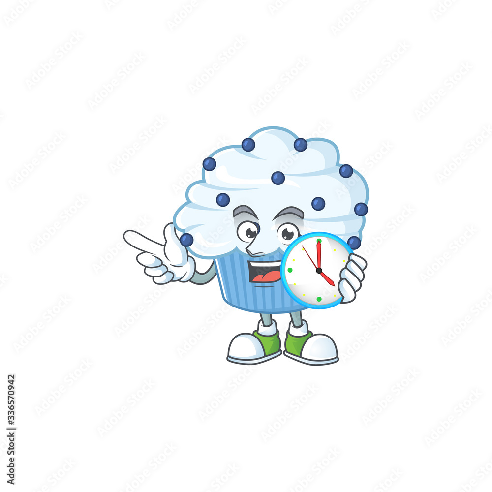 Vanilla blue cupcake mascot design concept holding a circle clock Vanilla blue cupcake mascot design concept holding a circle clock