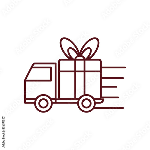 fast delivery concept, cargo truck with gift box icon, line style